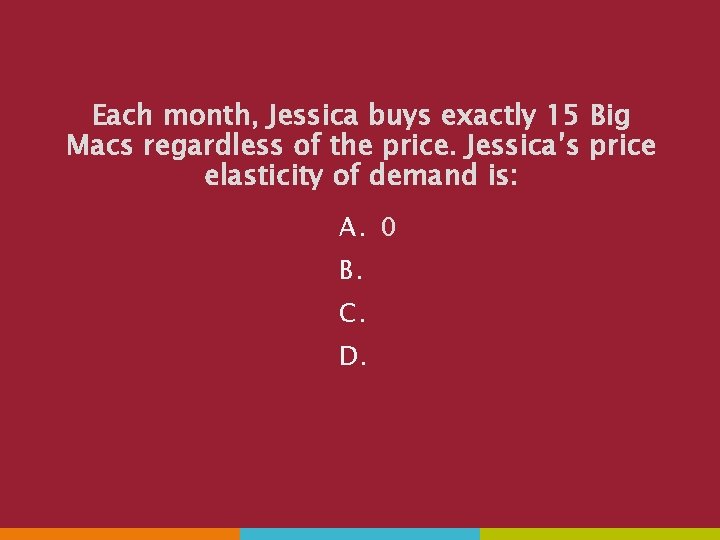 Each month, Jessica buys exactly 15 Big Macs regardless of the price. Jessica’s price