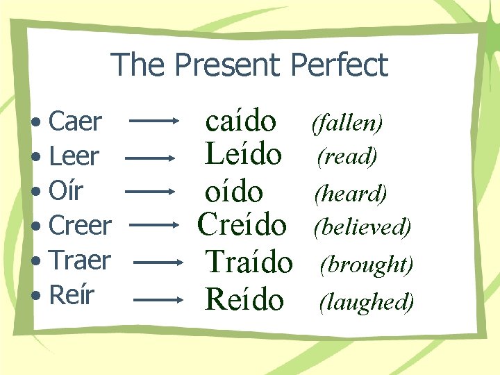 The Present Perfect • Caer • Leer • Oír • Creer • Traer •