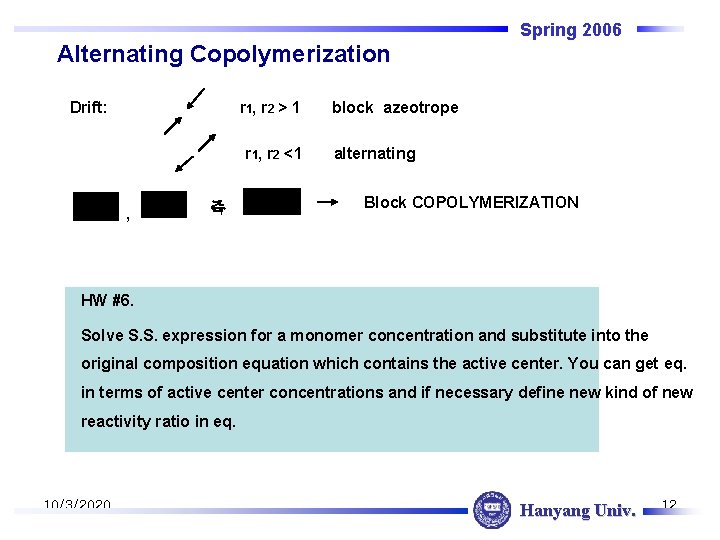 Spring 2006 Alternating Copolymerization Drift: r 1, r 2 > 1 r 1, r