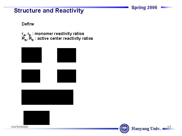 Structure and Reactivity Spring 2006 Define r. A, r. B : monomer reactivity ratios
