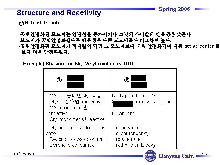 Spring 2006 Structure and Reactivity @ Rule of Thumb -공명안정화된 모노머는 안정성을 증가시키나 그것의