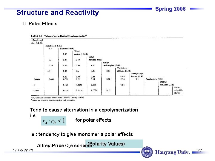 Structure and Reactivity Spring 2006 II. Polar Effects Tend to cause alternation in a