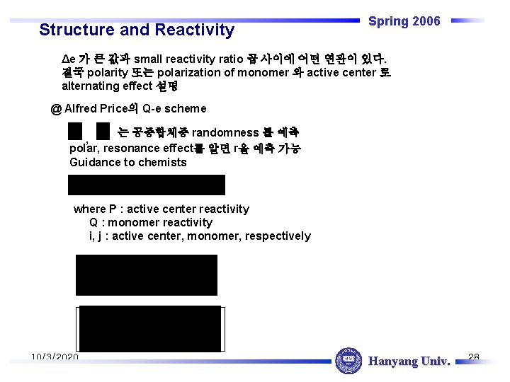 Structure and Reactivity Spring 2006 Δe 가 큰 값과 small reactivity ratio 곱 사이에