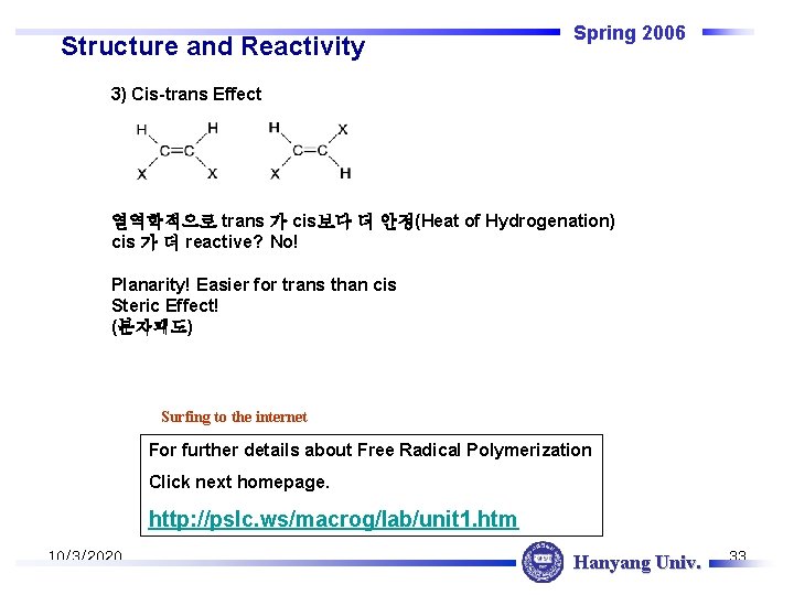 Structure and Reactivity Spring 2006 3) Cis-trans Effect 열역학적으로 trans 가 cis보다 더 안정(Heat