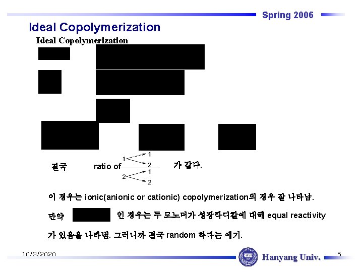 Spring 2006 Ideal Copolymerization 결국 ratio of 가 같다. 이 경우는 ionic(anionic or cationic)