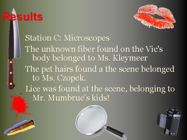 Results Station C: Microscopes The unknown fiber found on the Vic's body belonged to