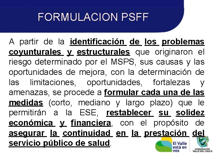 FORMULACION PSFF A partir de la identificación de los problemas coyunturales y estructurales que