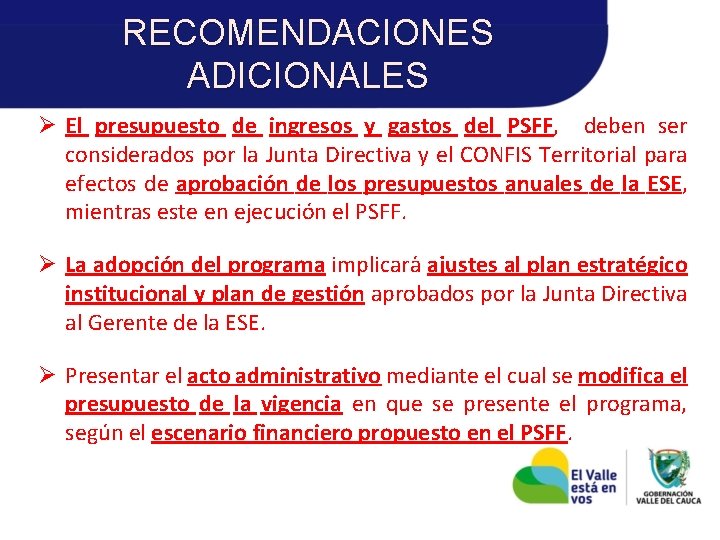 RECOMENDACIONES ADICIONALES Ø El presupuesto de ingresos y gastos del PSFF, deben ser considerados