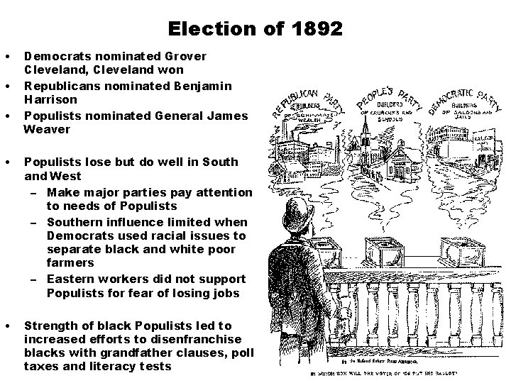 Election of 1892 • • • Democrats nominated Grover Cleveland, Cleveland won Republicans nominated