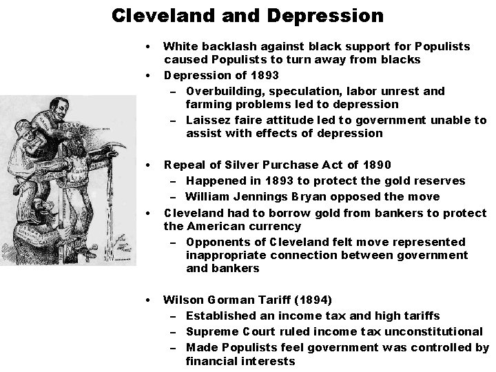 Cleveland Depression • • • White backlash against black support for Populists caused Populists