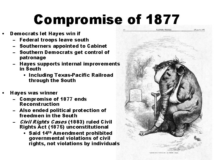 Compromise of 1877 • Democrats let Hayes win if – Federal troops leave south