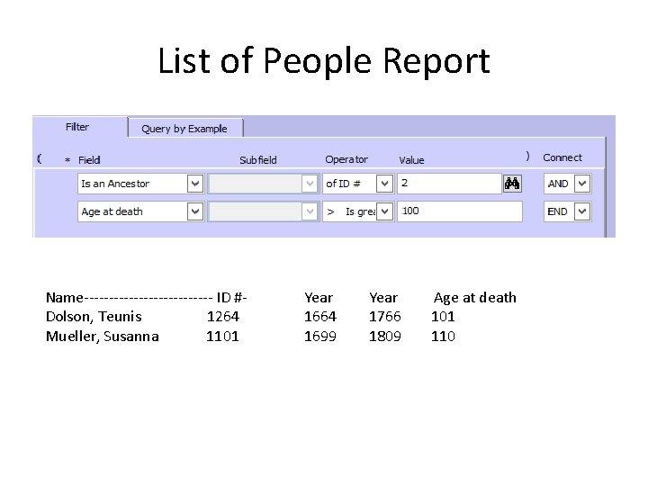 List of People Report Name------------- ID #- Dolson, Teunis 1264 Mueller, Susanna 1101 Year