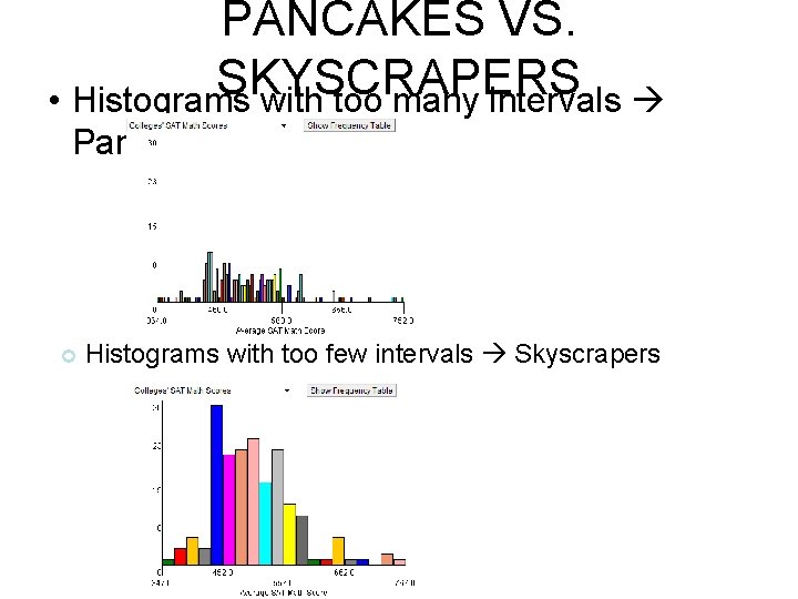 PANCAKES VS. SKYSCRAPERS • Histograms with too many intervals Pancakes Histograms with too few