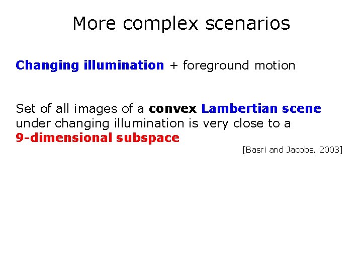 More complex scenarios Changing illumination + foreground motion Set of all images of a