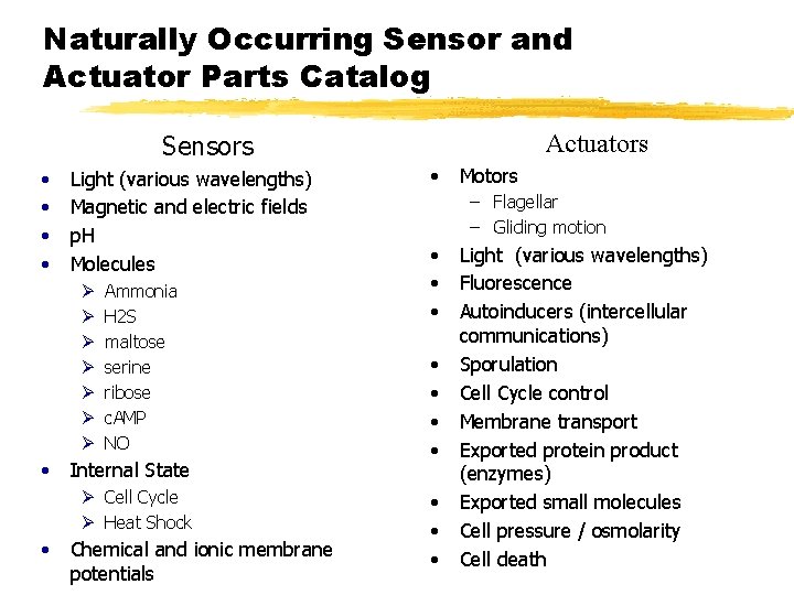 Naturally Occurring Sensor and Actuator Parts Catalog Actuators Sensors • • Light (various wavelengths)