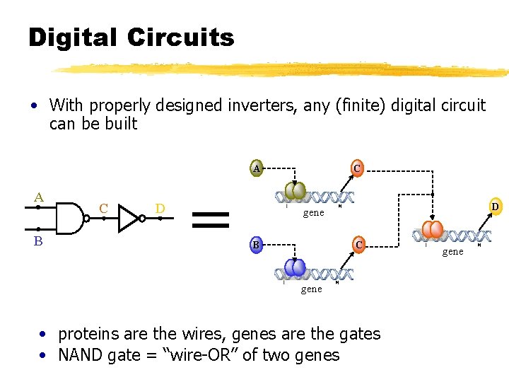 Digital Circuits • With properly designed inverters, any (finite) digital circuit can be built