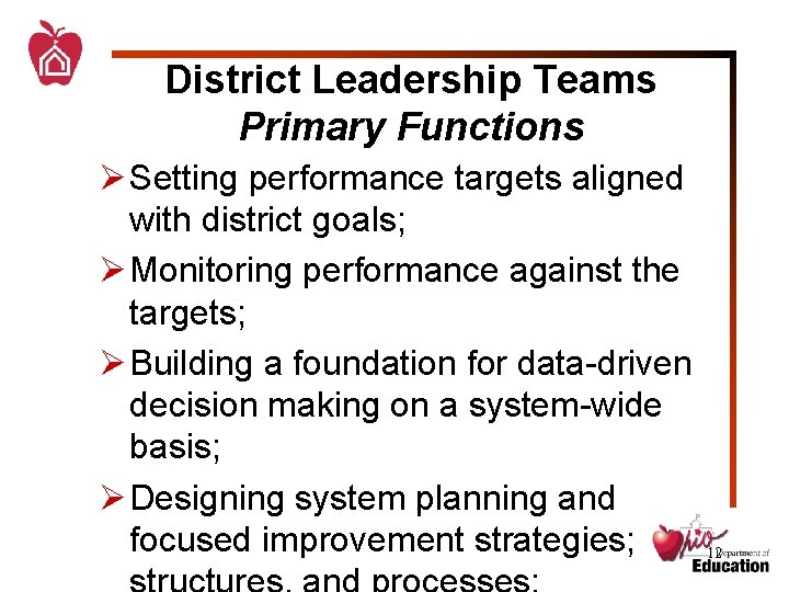 District Leadership Teams Primary Functions Ø Setting performance targets aligned with district goals; Ø