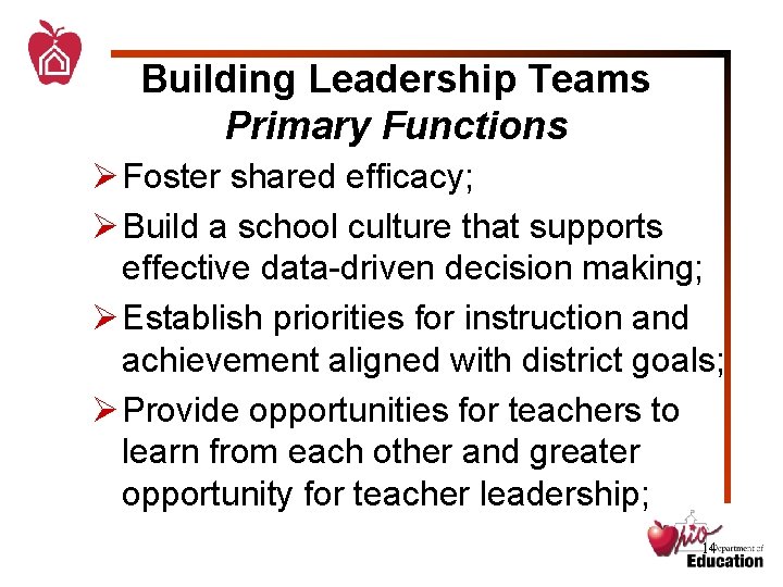 Building Leadership Teams Primary Functions Ø Foster shared efficacy; Ø Build a school culture