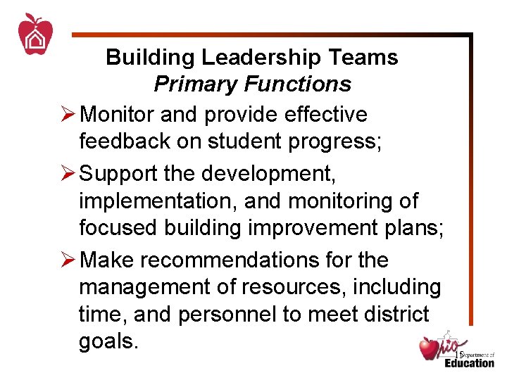 Building Leadership Teams Primary Functions Ø Monitor and provide effective feedback on student progress;