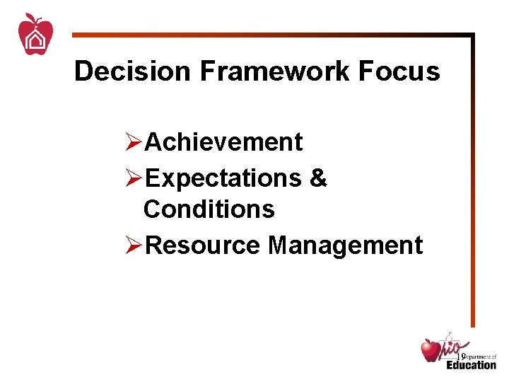 Decision Framework Focus ØAchievement ØExpectations & Conditions ØResource Management 19 