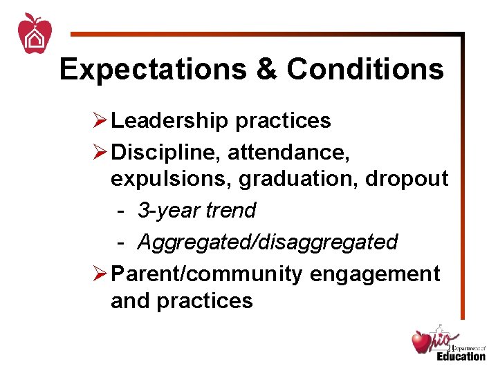 Expectations & Conditions Ø Leadership practices Ø Discipline, attendance, expulsions, graduation, dropout - 3