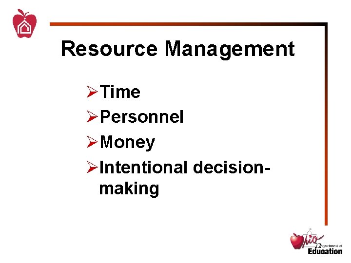 Resource Management ØTime ØPersonnel ØMoney ØIntentional decisionmaking 22 