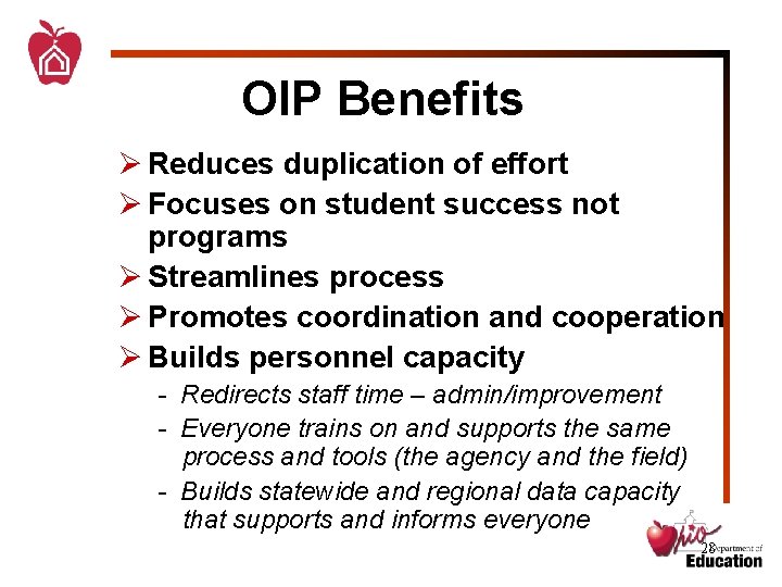 OIP Benefits Ø Reduces duplication of effort Ø Focuses on student success not programs