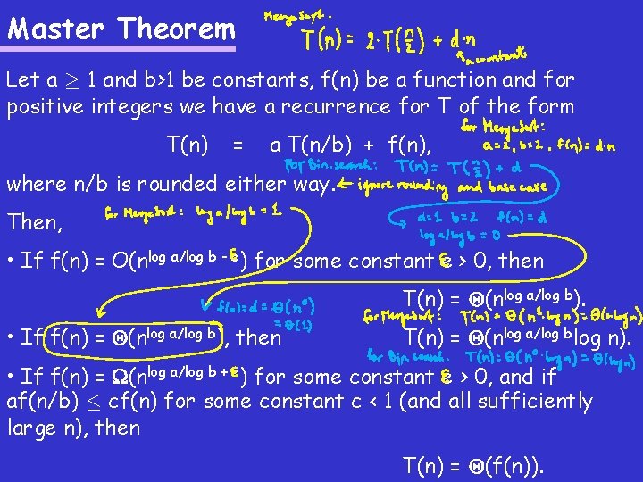 Master Theorem Let a ¸ 1 and b>1 be constants, f(n) be a function