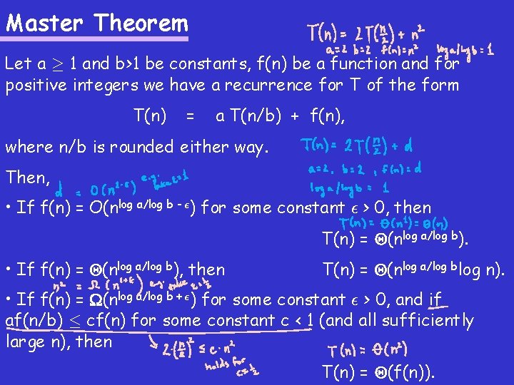 Master Theorem Let a ¸ 1 and b>1 be constants, f(n) be a function