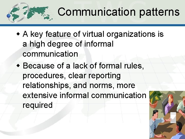Communication patterns w A key feature of virtual organizations is a high degree of Communication patterns w A key feature of virtual organizations is a high degree of