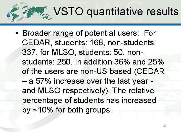 VSTO quantitative results • Broader range of potential users: For CEDAR, students: 168, non-students: VSTO quantitative results • Broader range of potential users: For CEDAR, students: 168, non-students: