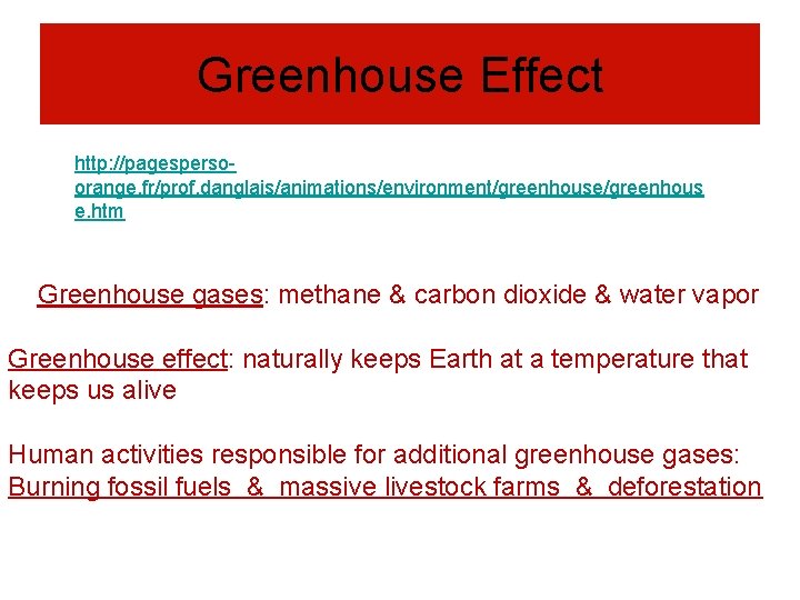 Greenhouse Effect http: //pagespersoorange. fr/prof. danglais/animations/environment/greenhouse/greenhous e. htm Greenhouse gases: methane & carbon dioxide