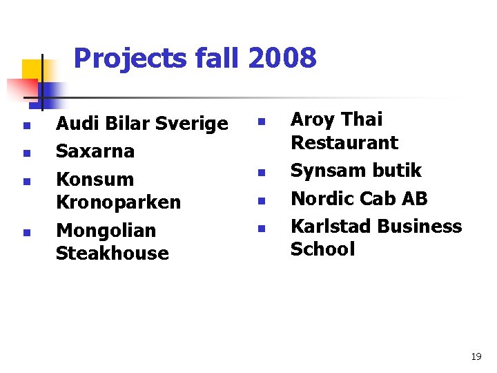 Projects fall 2008 n n Audi Bilar Sverige Saxarna Konsum Kronoparken Mongolian Steakhouse n