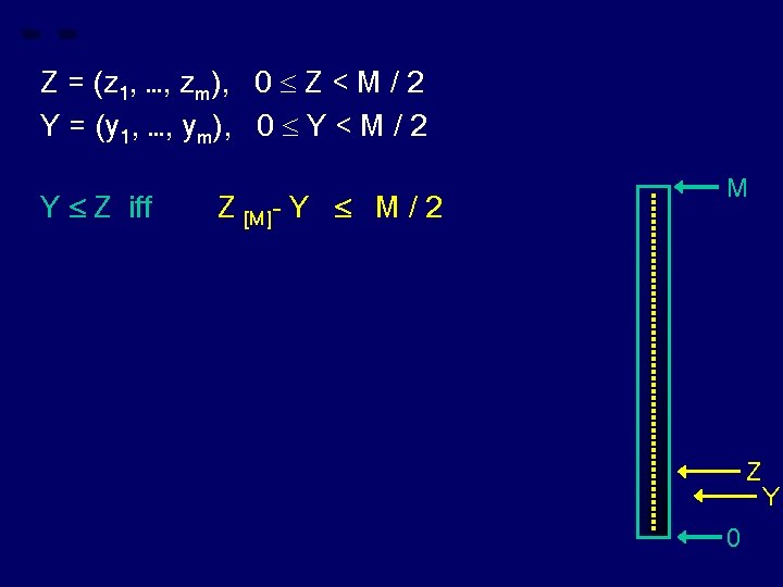 Z = (z 1, …, zm), 0 Z < M / 2 Y =