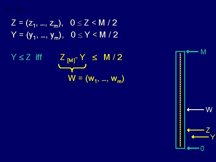 Z = (z 1, …, zm), 0 Z < M / 2 Y =