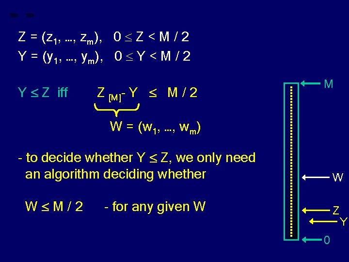 Z = (z 1, …, zm), 0 Z < M / 2 Y =