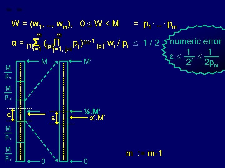 W = (w 1, …, wm), 0 W < M α= M pm m
