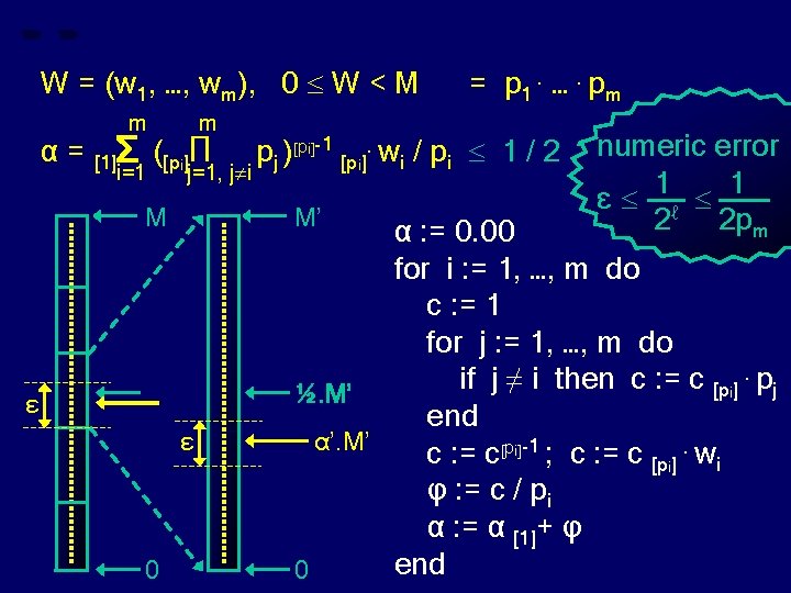 W = (w 1, …, wm), 0 W < M α= m = p