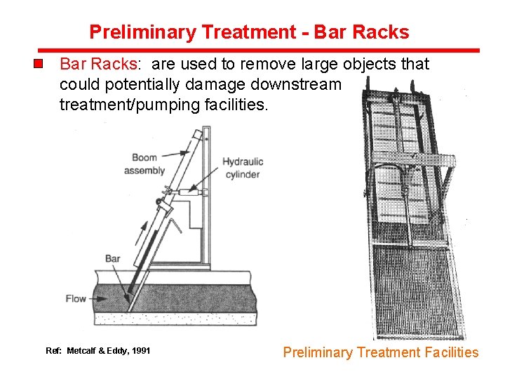 Preliminary Treatment - Bar Racks: are used to remove large objects that could potentially