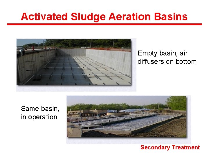 Activated Sludge Aeration Basins Empty basin, air diffusers on bottom Same basin, in operation