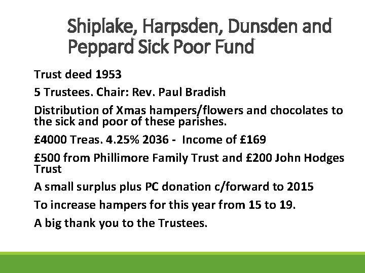 Shiplake, Harpsden, Dunsden and Peppard Sick Poor Fund Trust deed 1953 5 Trustees. Chair: