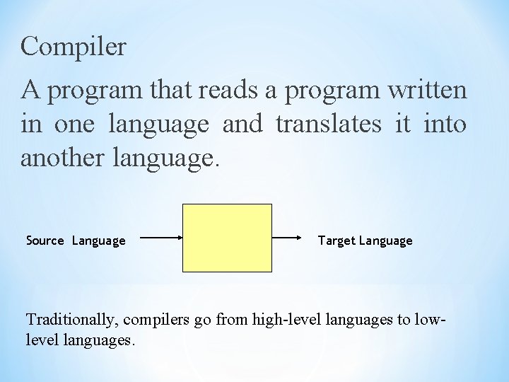 Compiler A program that reads a program written in one language and translates it