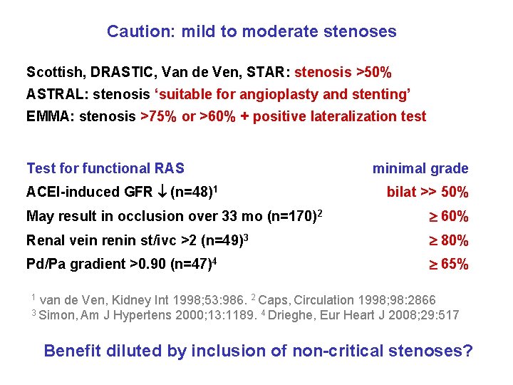 Caution: mild to moderate stenoses Scottish, DRASTIC, Van de Ven, STAR: stenosis >50% ASTRAL: