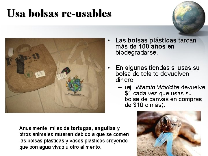 Usa bolsas re-usables • Las bolsas plásticas tardan más de 100 años en biodegradarse.