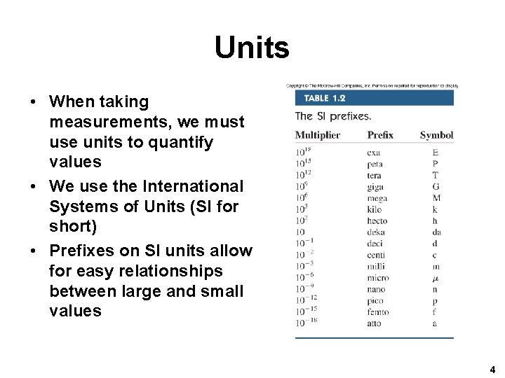 Units • When taking measurements, we must use units to quantify values • We