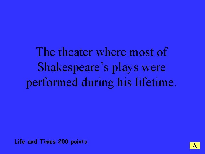 The theater where most of Shakespeare’s plays were performed during his lifetime. Life and