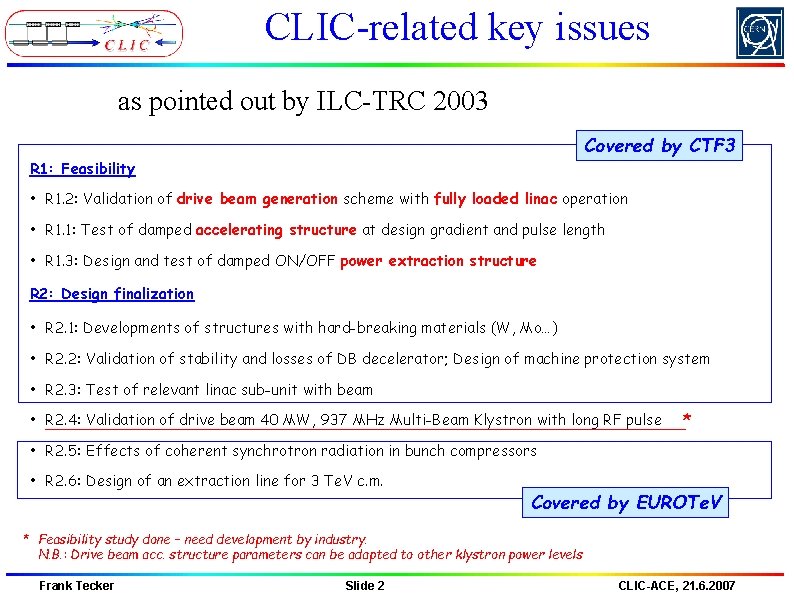CLIC-related key issues as pointed out by ILC-TRC 2003 Covered by CTF 3 R CLIC-related key issues as pointed out by ILC-TRC 2003 Covered by CTF 3 R