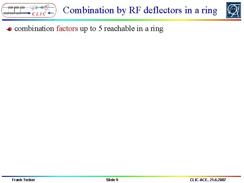 Combination by RF deflectors in a ring combination factors up to 5 reachable in Combination by RF deflectors in a ring combination factors up to 5 reachable in