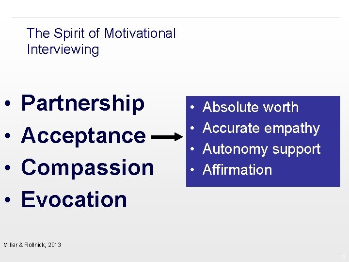 The Spirit of Motivational Interviewing • • Partnership Acceptance Compassion Evocation • • Absolute