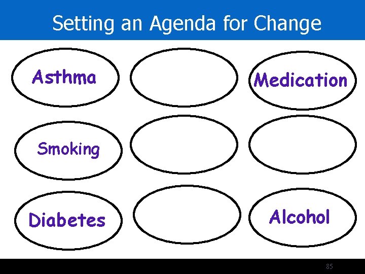 Setting an Agenda for Change Asthma Priorities Medication Smoking Diabetes Alcohol 85 